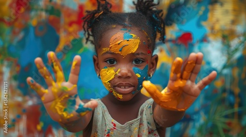Young African girl with colorful paint on her face and hands standing in front of a multicolored wall. Bright abstract background. Concept of creativity, childhood art, and expression