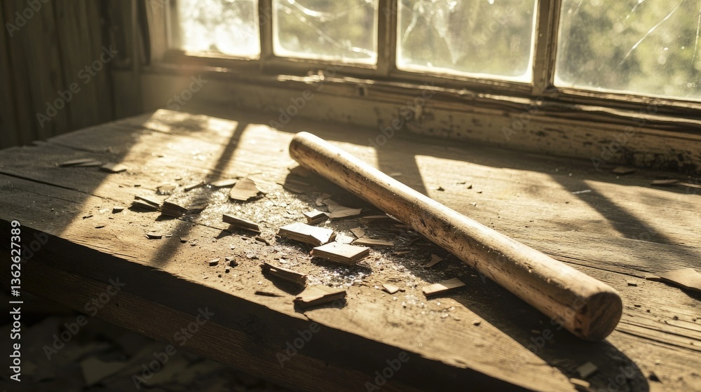 Obraz premium A broken wooden baseball bat laid out on an old wooden table with pieces of the bat scattered around, and sunlight streaming through a window