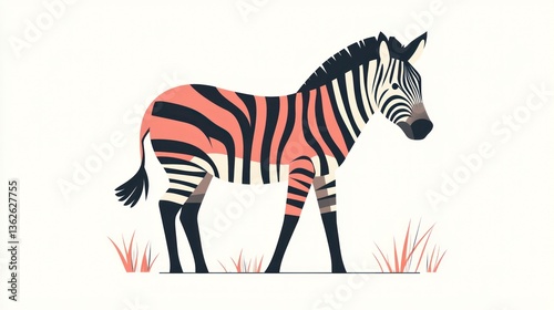 Zebra illustration, stylized, profile view, savanna background, stock photo