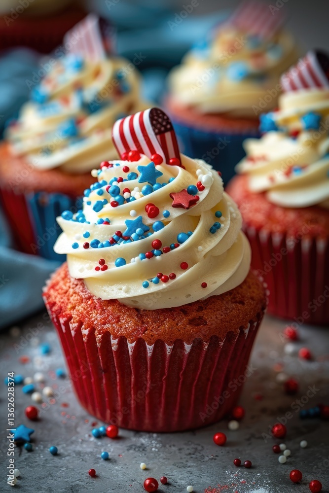 Close-up of patriotic cupcakes decorated with white frosting, red and blue sprinkles, and small American flags, celebrating a national holiday. Festive dessert concept for 4th of July or Memorial Day