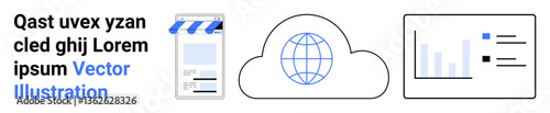 E-commerce storefront with striped awning, cloud illustration with a globe, and analytics dashboard with charts. Ideal for online business, cloud technology, marketing, e-commerce, data