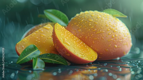 Fresh ripe mangoes with sliced pieces and green leaves covered in water droplets. Realistic macro style with vibrant yellow and orange tones under rain and natural light