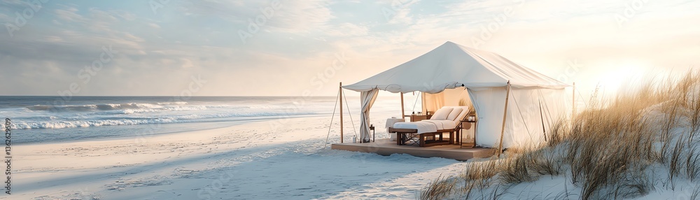 Tranquil beach tent setup with sunbeds on sandy shore at sunset. Tranquil beach tent setup with sunbeds on sandy shore at sunset.