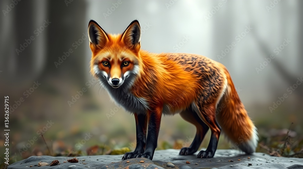 Fototapeta premium A striking red fox stands alert, its vivid fur contrasting beautifully with the blurred, misty forest background. 