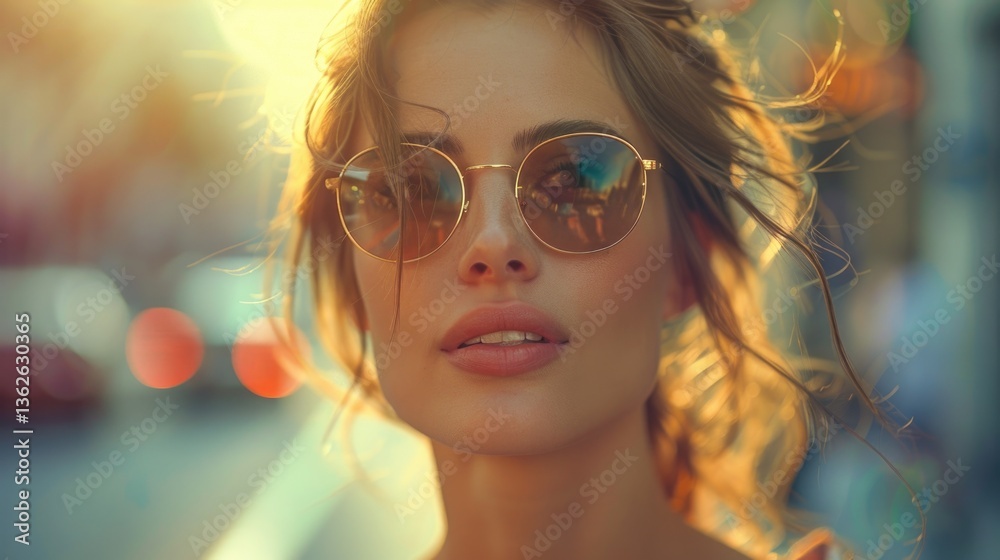 Young Caucasian woman with loose hair wearing round sunglasses standing outdoors at sunset. Golden hour light and urban background. Concept of summer, fashion and freedom