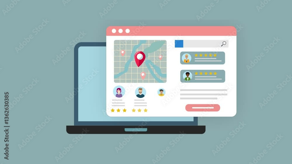 Local SEO for small businesses Based on Online customer reviews in map application . A location pin on a map with people leaving positive feedback on website page , Local SEO for small businesses Based on Online customer reviews in map application . A location pin on a map with people leaving positive feedback on website page ,