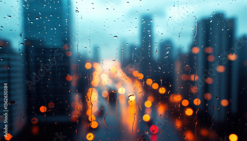 rainy cityscape viewed through fogged up window, with droplets of water creating blurred effect. vibrant city lights reflect warm glow against cool tones of scene, evoking sense of calm
