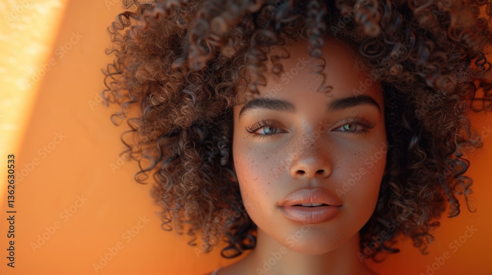 Portrait of young freckled woman with curly hair against orange background. Natural light highlights skin texture and eye color. Concept of diversity, beauty and individuality
