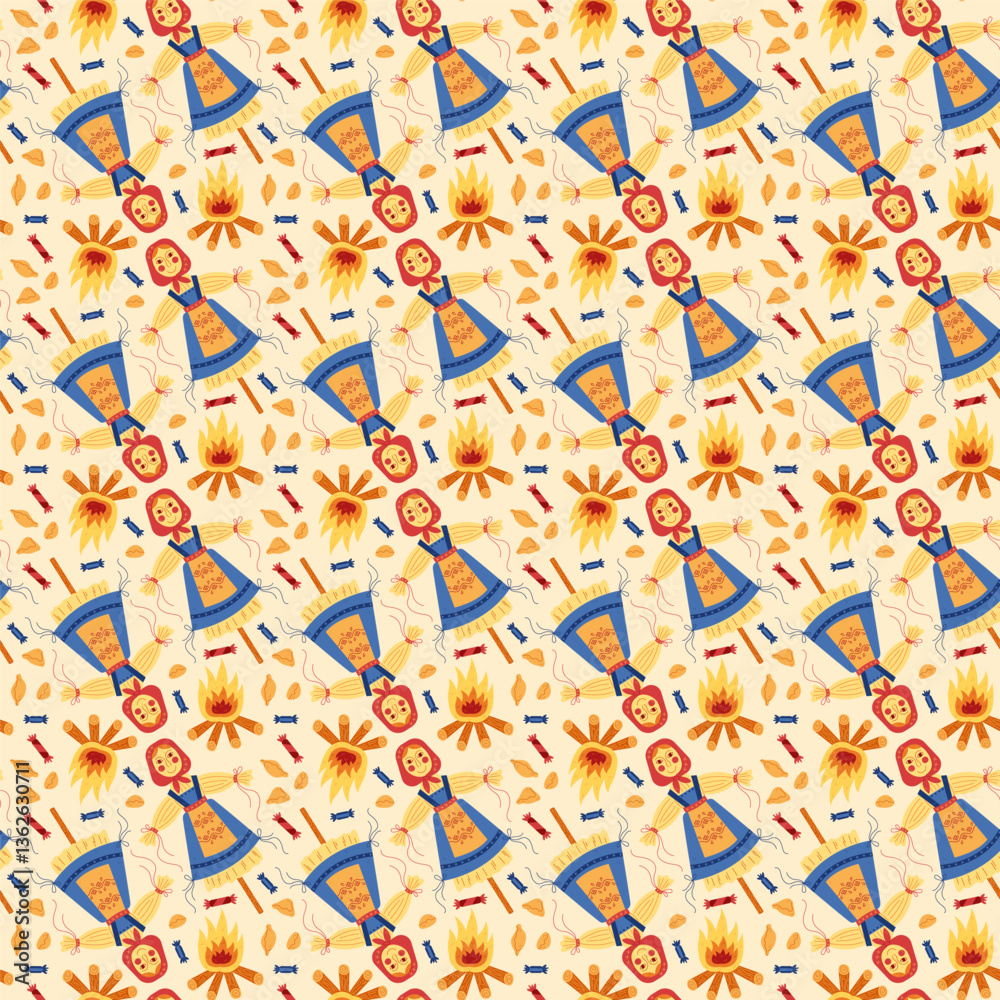 Shrovetide party seamless pattern with scarecrow. Hand drawn illustration for you projects.