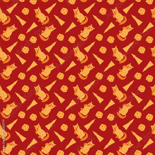 Seamless pattern with cute cat, abstract arrows and pancakes. Hand drawn illustration for you projects.