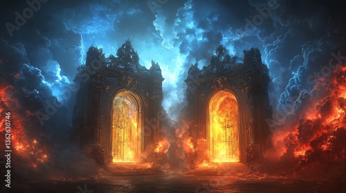 The Gates to a Blazing Inferno: A Dramatic Fantasy World Illustration
