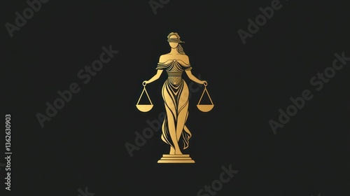 Gold Statue of Lady Justice, Holding Scales, Dark Background, for Legal Concept, Stock Photo