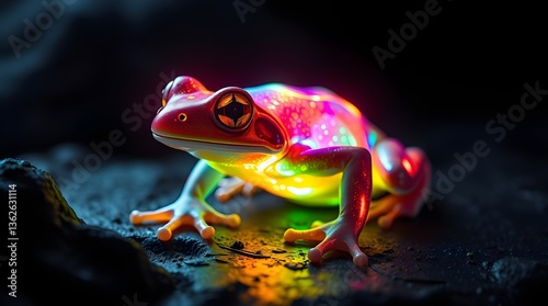 A vividly colored frog sits illuminated against a dark background, its body glowing with a spectrum of bright colors.