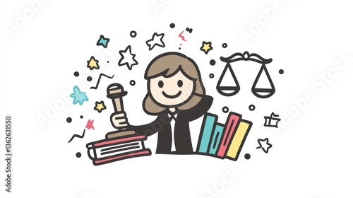 Cartoon lawyer with books and scales, legal concept, presentation