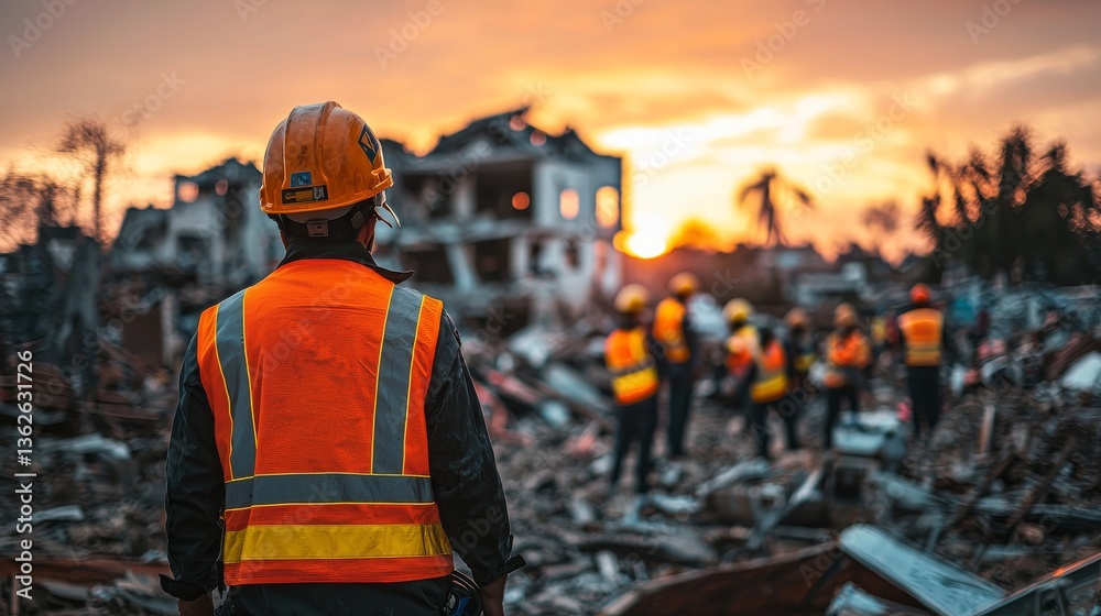 Inspection team overseeing destruction and ruin after a seismic disaster Inspection team overseeing destruction and ruin after a seismic disaster