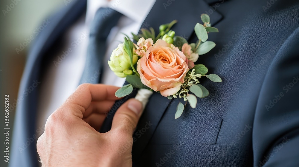 A close-up of a groom's hand pinning a fresh floral boutonniere onto his lapel. A close-up of a groom's hand pinning a fresh floral boutonniere onto his lapel.