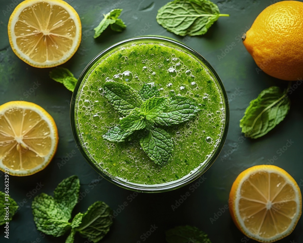 Refreshing green smoothie with mint and lemon on a textured green background Refreshing green smoothie with mint and lemon on a textured green background