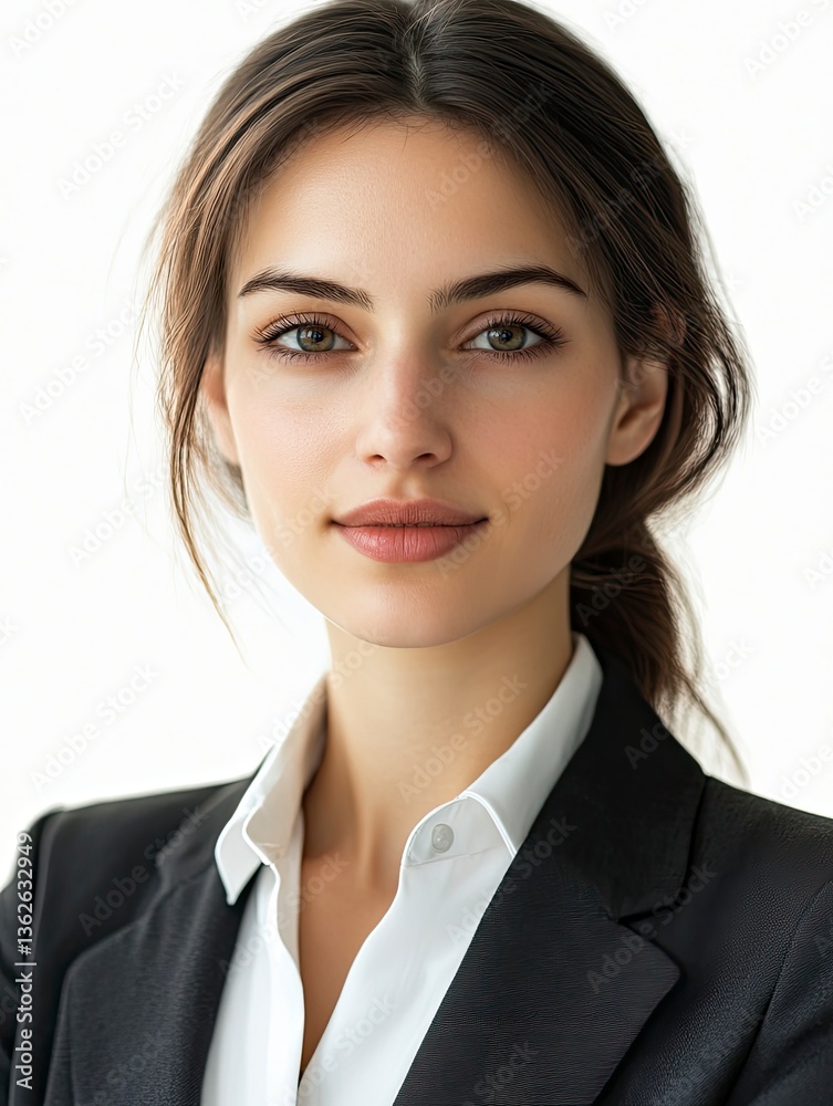 Confident Businesswoman Wearing Suit Jacket Portrait Against White Background Confident Businesswoman Wearing Suit Jacket Portrait Against White Background