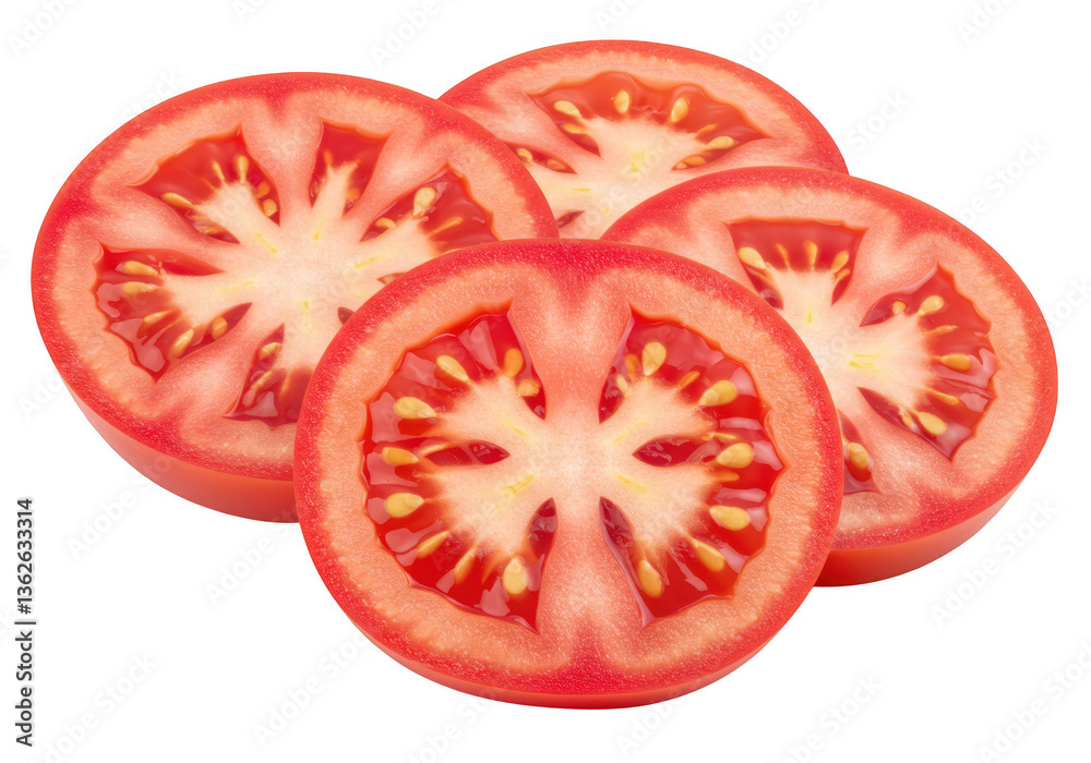 Fresh tomato slices arranged in a slightly overlapping row isolated on transparent background Fresh tomato slices arranged in a slightly overlapping row isolated on transparent background