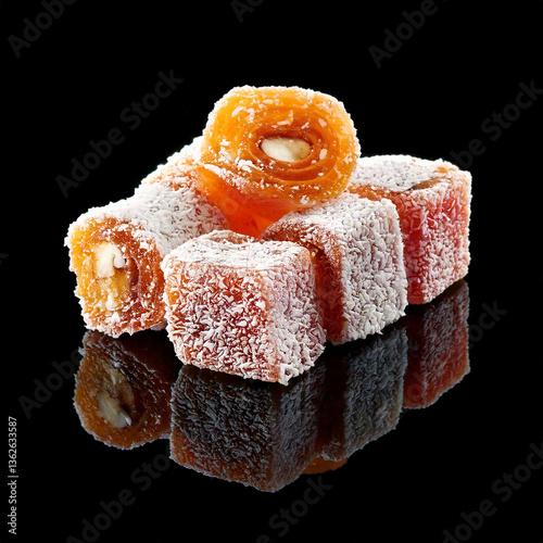 turkish delight isolated on black background photo