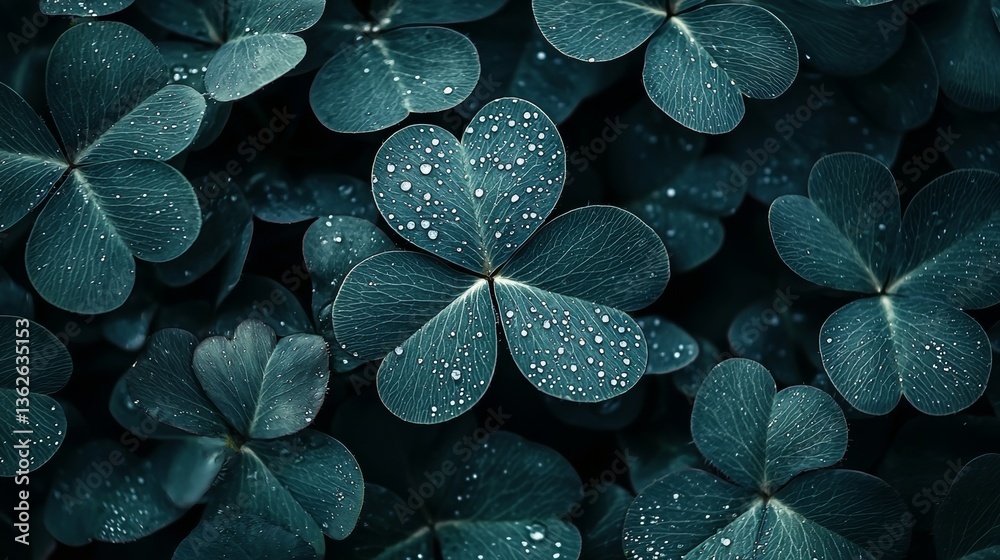Obraz premium Clover Patch: A Serene Display of Nature's Beauty with Dewy Green Leaves