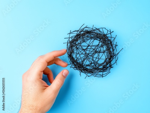 Metallic robotic hand holding abstract neural wire ball on light blue tech background representing artificial intelligence complexity neural network and digital brain photo