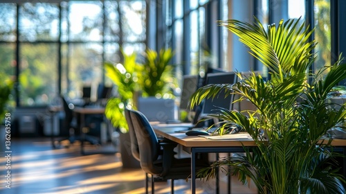 Modern office space filled with natural light and thriving green plants