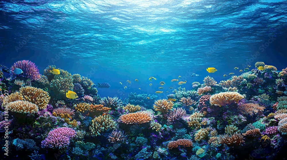 Fototapeta premium Vibrant Coral Reef Underwater Scene: A Stunning Seascape of Marine Life and Biodiversity