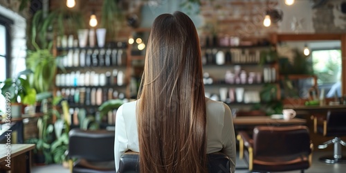 This is a back view of a lady with lengthy shiny hair taming frizzy hair while seated in a salon chair lovely hue and space, Generative AI.