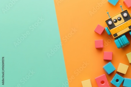 Colorful Robot Toy and Building Blocks on Vibrant Background