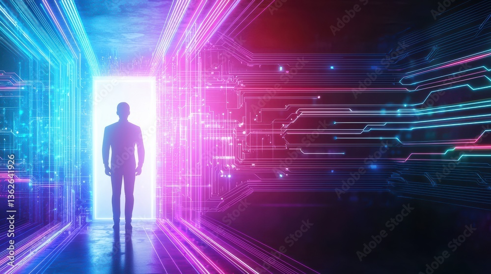 A silhouette of a person stands before a bright, glowing doorway, surrounded by vibrant digital circuits and colorful lights, symbolizing a journey into new technology. A silhouette of a person stands before a bright, glowing doorway, surrounded by vibrant digital circuits and colorful lights, symbolizing a journey into new technology.