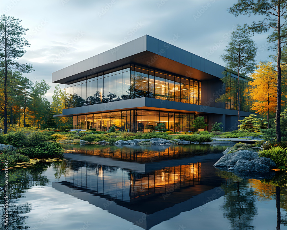 Obraz premium Modern building reflecting in pond at dusk surrounded by trees with warm interior lighting