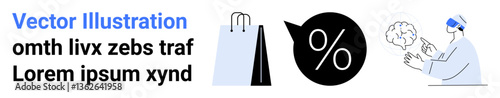 Shopping bag, percentage indicating discounts, and scientist examining a brain model. Ideal for retail, discounts, innovation, brainstorming, ecommerce, science simple landing page