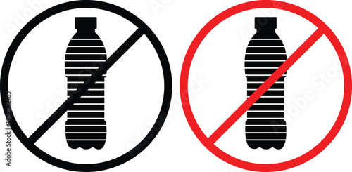  Set of No Plastic bottles  icons sign. safe planet oceans safety first No Ban stop Pollution problem ecology Ecological save world concept drink drinks cup cups, red and black circle. EPS