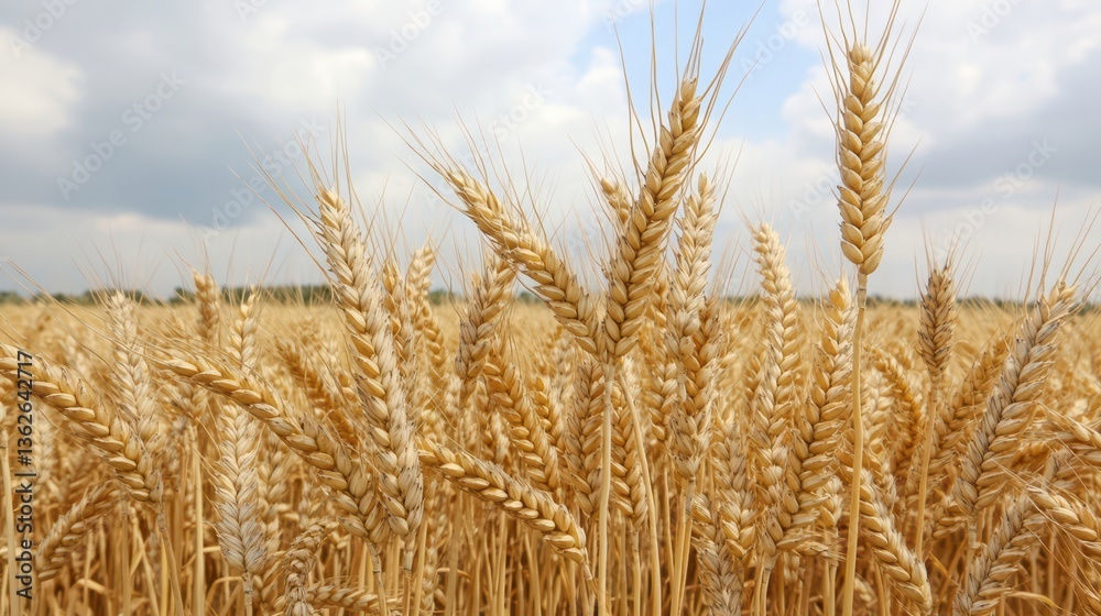 Fototapeta premium A golden field of wheat sways gently under a cloudy sky, showcasing the beauty of agriculture and nature's bounty.
