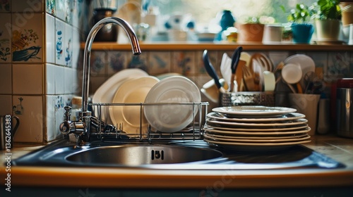 Interior shot of a kitchen sink area, showing a faucet, drying rack with dishes, and subtle reflections, clean and inviting feel