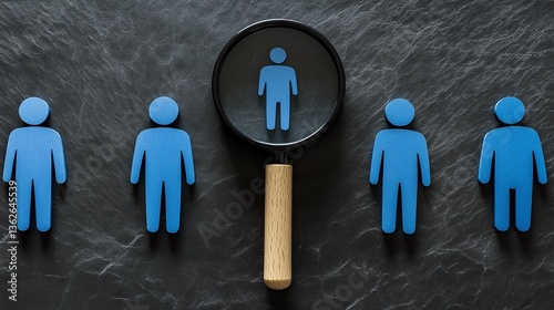 A magnifying glass focuses on a blue figure among others, symbolizing analysis, diversity, and selection in the workplace