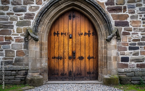 Old Wooden Church Door in Stone Archway photo