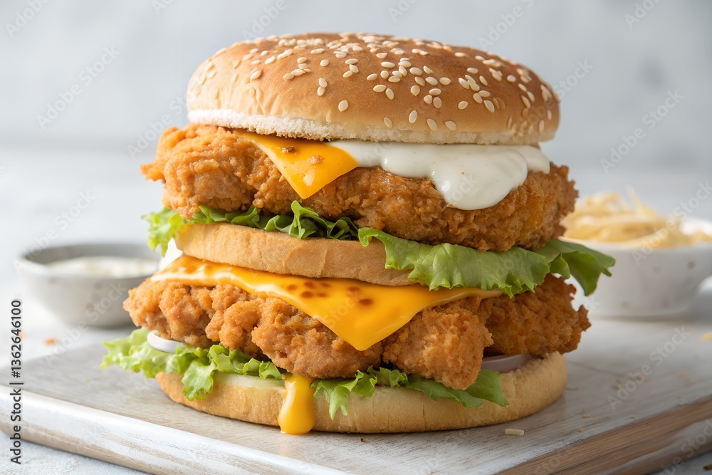 Double Crispy Chicken Burger with Melted Cheese and Creamy Sauce Double Crispy Chicken Burger with Melted Cheese and Creamy Sauce