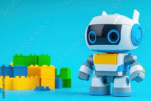 Colorful Robot Toy with Building Blocks on Bright Blue Background