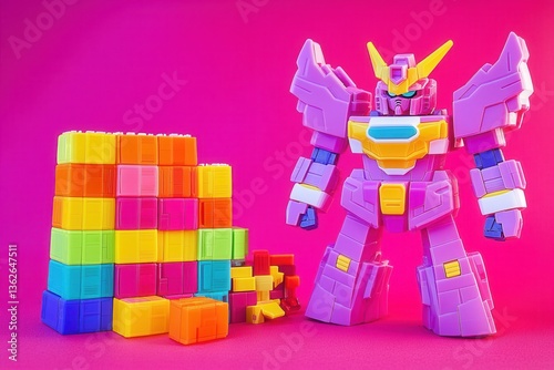 Colorful Robot Toy with Building Blocks on Vibrant Background