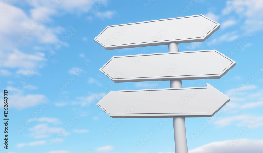 Three Blank Directional Signs Against Blue Sky Three Blank Directional Signs Against Blue Sky