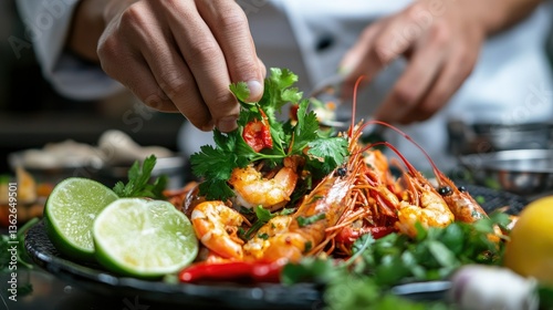 A chef garnishing a Thai seafood dish with fresh herbs, lime, and chili, ready for serving.