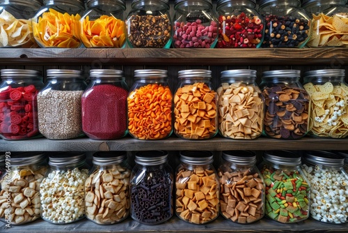 Wallpaper Mural Colorful display of assorted snacks in jars on wooden shelves at local market Torontodigital.ca