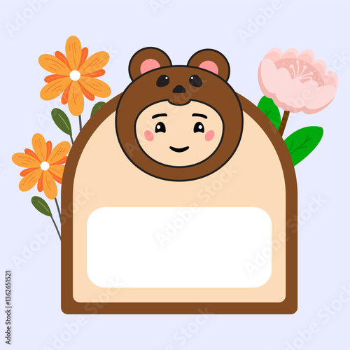 Cute Animal Name Tag Illustration with Accessories Flower