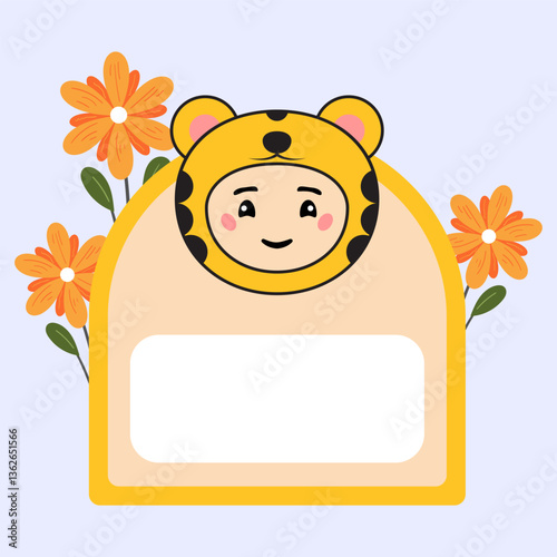 Cute Animal Name Tag Illustration with Accessories Flower