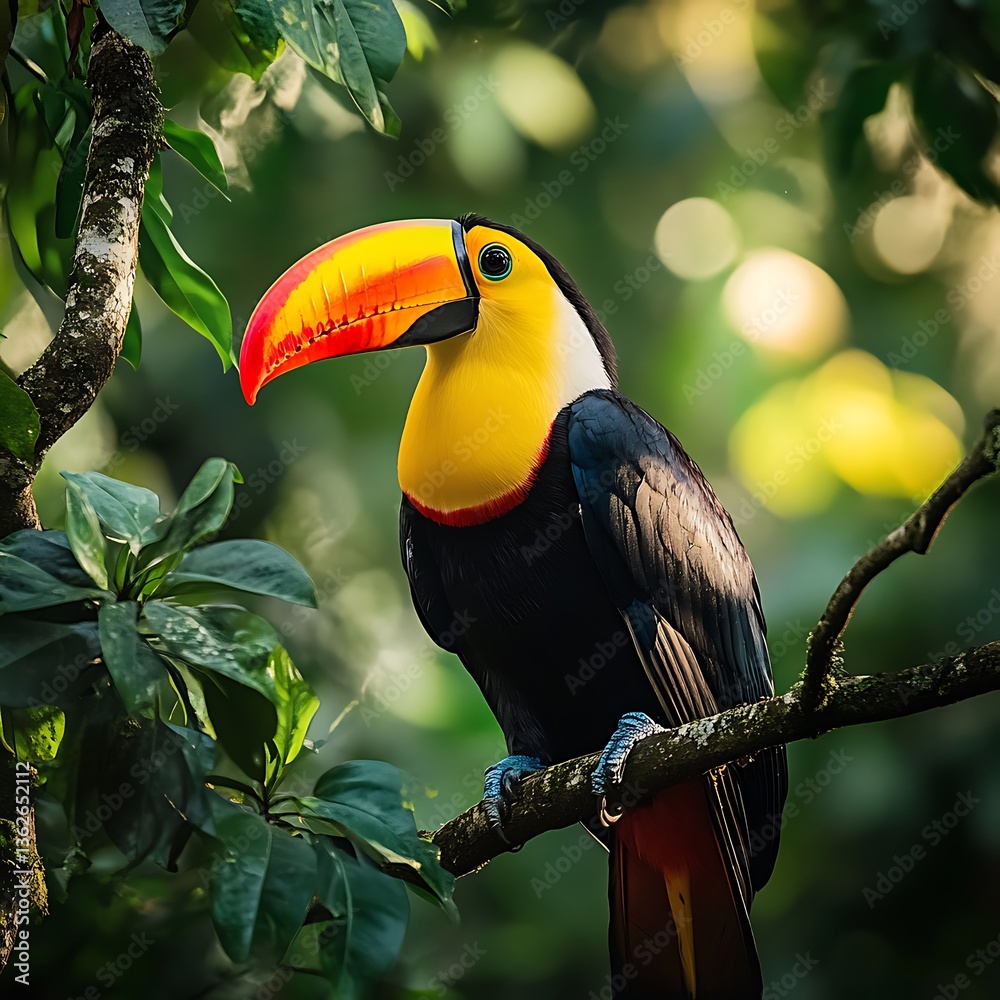 Fototapeta premium Vibrant Toucan Perched Among Lush Green Leaves in Nature