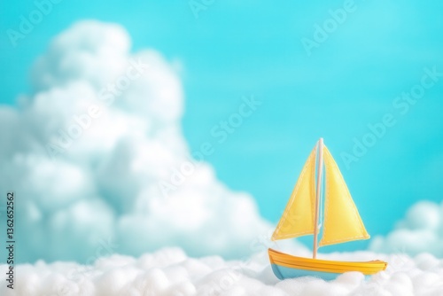 Colorful Sailboat on Cloudy Sky Background with Soft Blue Hues