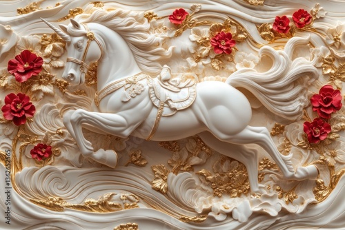 White unicorn carving, floral background, wall decor, fantasy art