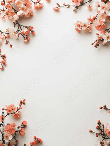 Blooming Elegance: A serene composition of delicate pink blossoms gracefully frames the center, symbolizing the ephemeral beauty and the coming of spring.